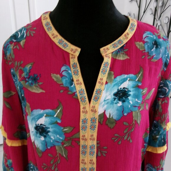 New Pioneer Woman Flowy Gauze Floral Print Boho Top Blouse S Fuchsia Red Blue - Picture 2 of 12